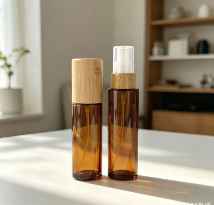 Szklana butelka 30ml 50ml z pompką i bambusową nakrętką, kolor niestandardowy, do kosmetyków