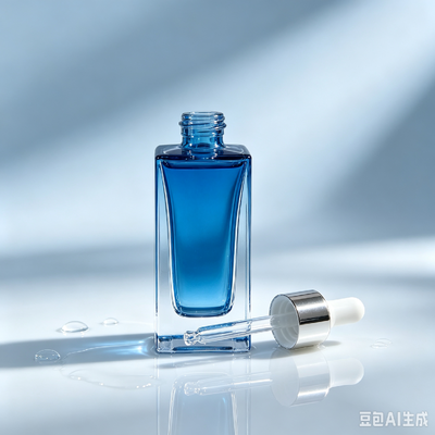 Blue Transparent Glass Dropper Bottle, Thick Base Square Cosmetic Serum Oil Packaging Bottle with White Rubber Dropper